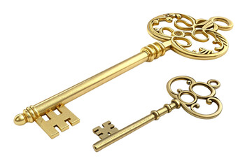 Two ornate antique brass skeleton keys isolated on transparent background