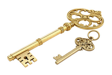 Two ornate antique golden keys isolated on transparent background