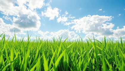 Obraz premium Fresh vibrant green grass under a bright blue sky with fluffy white clouds in a field on a sunny day