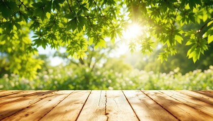 Sunlight filters through vibrant green leaves creating a tranquil atmosphere above an inviting wooden deck
