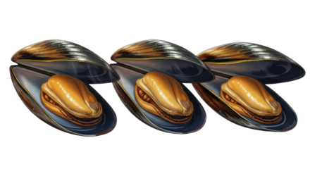 Three Open Mussels with Orange Flesh Isolated