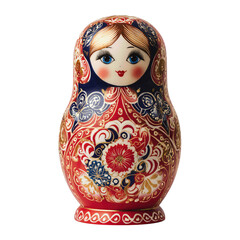 A classic, beautifully hand-painted Russian Matryoshka nesting doll, a traditional and colorful wooden folk art toy and souvenir, isolated on a clean white background.
