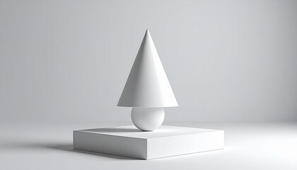 Geometric Harmony: A minimalist composition of geometric shapes, a pristine white cone rests atop a white sphere, delicately balanced on a square platform.