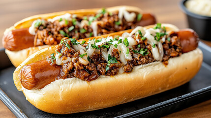 Chili cheese hot dogs topped with mustard and chopped onions create delicious meal