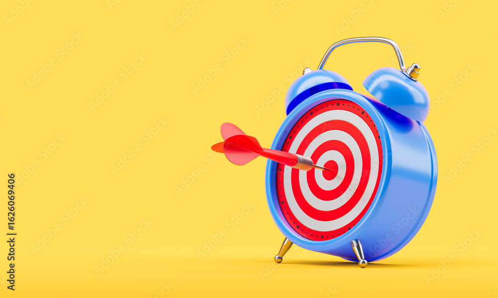 Poster blue alarm clock with target bullseye and dart in center symbolizing time management and goal focus 