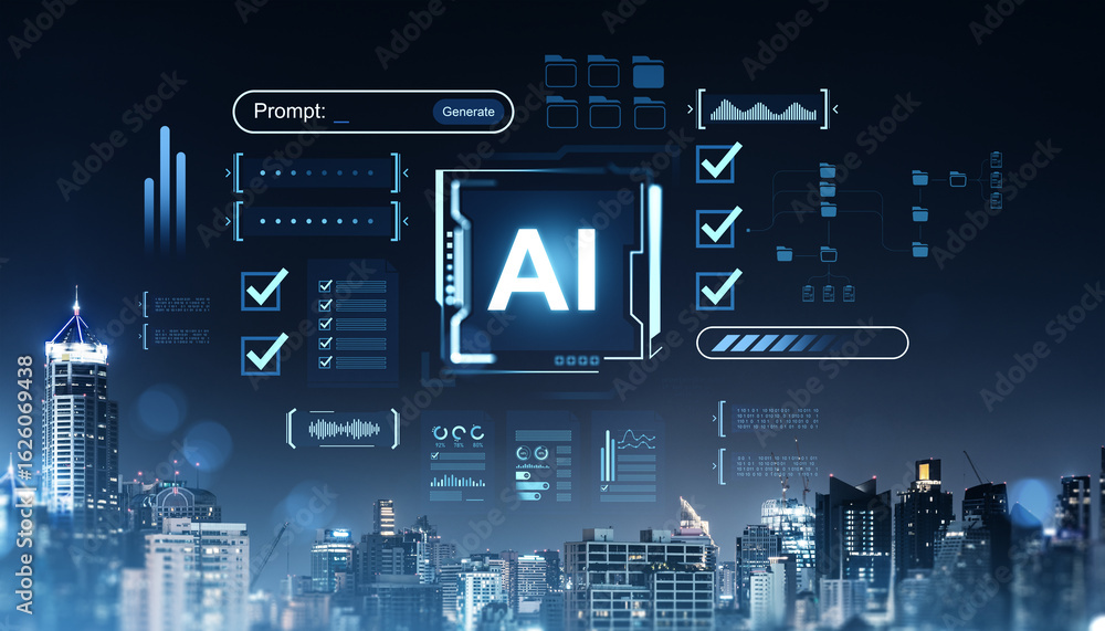 Poster futuristic ai interface with digital data charts and prompt generation concept over modern city skyl