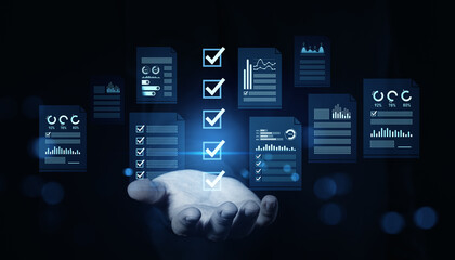 Digital compliance and data checklist interface concept with floating documents and analytics icons...