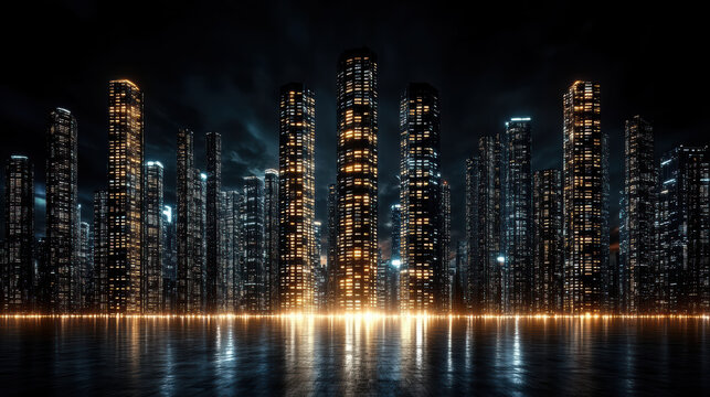 Futuristic city skyline with illuminated skyscrapers reflecting on water at night - Powered by Adobe