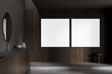 Minimalist interior design with two blank poster mockups on dark wood wall in modern bathroom...