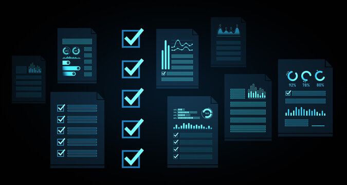 Digital checklist and analytics document interface with glowing blue graphs, charts and completed tasks concept on dark background. 3D Rendering
