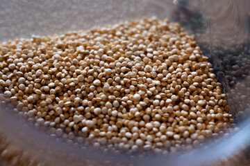 Close-up of raw quinoa in a glass jar. Superfood. Storage concept