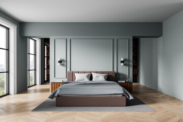 Modern bedroom interior with minimalist design, elegant bed and soft lighting, large windows with city view, wood floor and pastel wall panels. 3D Rendering