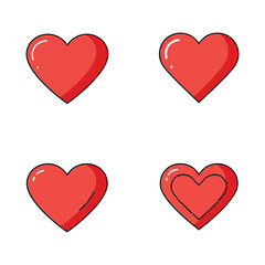 Four red hearts in different styles on a white background symbolizing love and affection