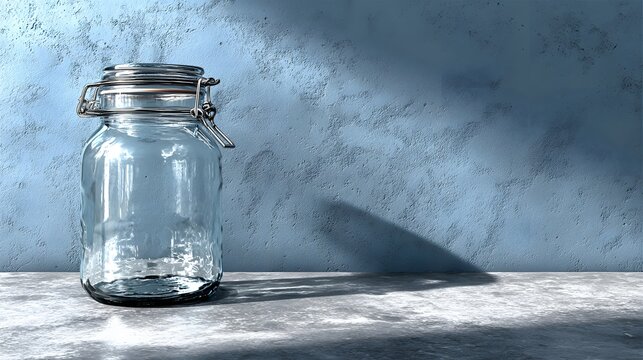 Empty glass jar with metal lid on a light gray surface against a textured light blue wall.