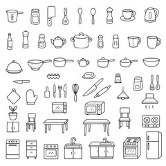 Hand drawn cooking elements. Kitchen equipment, outline icons in design set collection. Vector illustration with kitchen symbols and accessories.