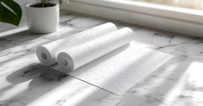 Two White Paper Rolls on a Marble Surface with a Potted Plant