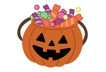 Halloween Candy Bucket Illustration
An illustration of a Halloween candy bucket shaped like a jack-o'-lantern, filled with colorful sweets.