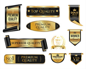Obraz na płótnie Canvas Golden luxury labels and badges gold premium quality certificate ribbons vector illustration