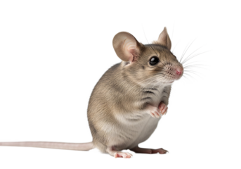 A small field mouse with large ears and a long tail stands alertly on its hind legs isolated on transparent background