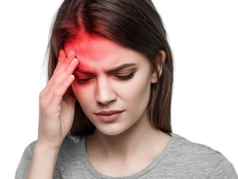 PNG of Stressed young Caucasian woman struggling with a headache, holding her head in discomfort against a neutral backdrop.