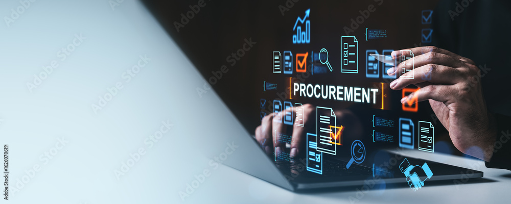 Poster digital procurement concept with businessman interacting with virtual interface showing charts, docu