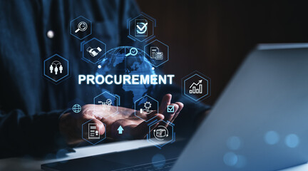 Digital procurement strategy concept with holographic icons showing supply chain, logistics, and business analytics above hands and a laptop screen.
