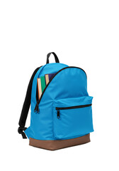 Bright blue school backpack filled with books and supplies isolated on transparent background