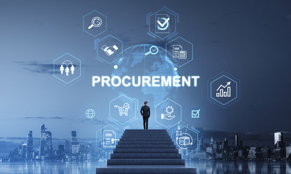 Businessman standing on stairs facing procurement icons and digi - Powered by Adobe