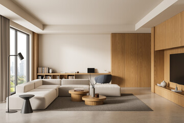 Modern minimalist living room interior with wooden accents, neutral tones, and elegant furniture design in a spacious apartment concept layout. 3D Rendering