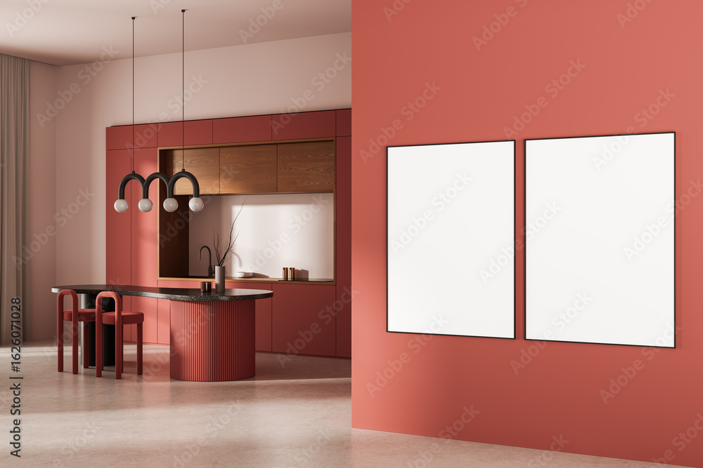 Poster modern red kitchen interior with two empty vertical posters on a clean wall for design mockup or can