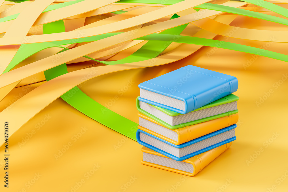 Poster stack of colorful books on abstract background with yellow and green curved ribbons, representing ed