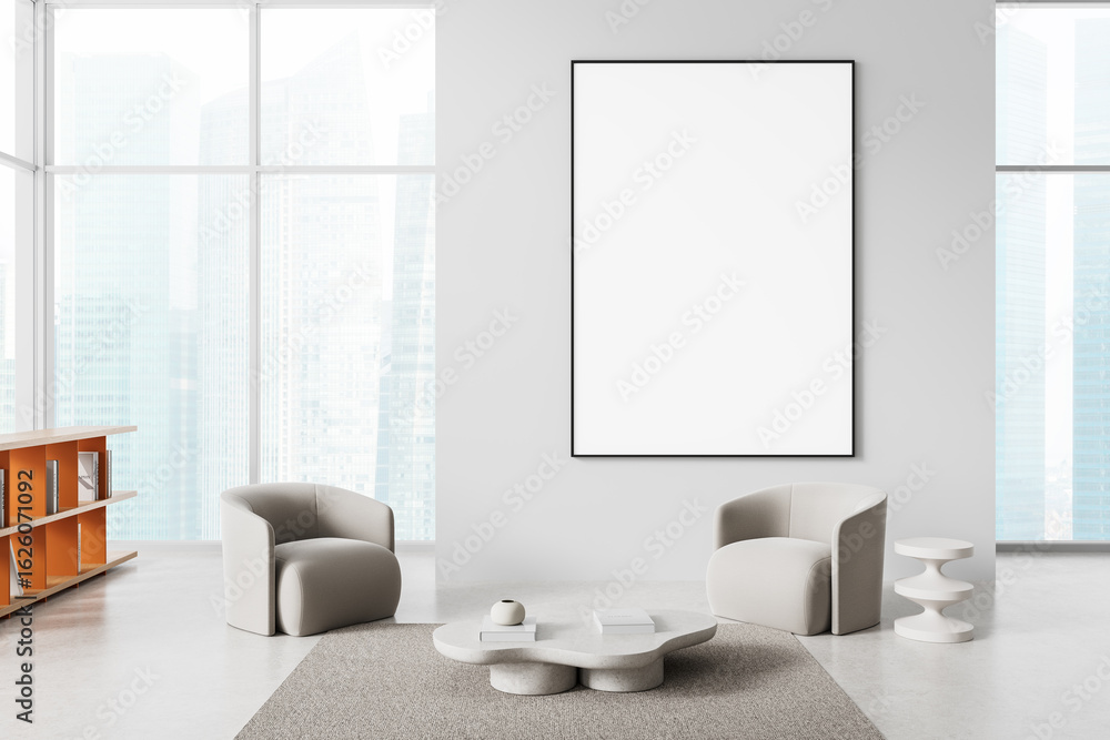 Aufkleber modern interior with blank vertical poster on wall above minimal lounge chairs and table in bright o