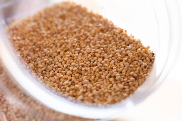 Close-up of raw quinoa in a glass jar. Superfood. Storage concept