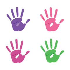 Fototapeta premium Four colorful handprints in purple pink and green on a white background symbolizing childhood and creativity
