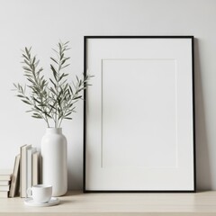 Minimalist interior scene with a plant and empty picture frame