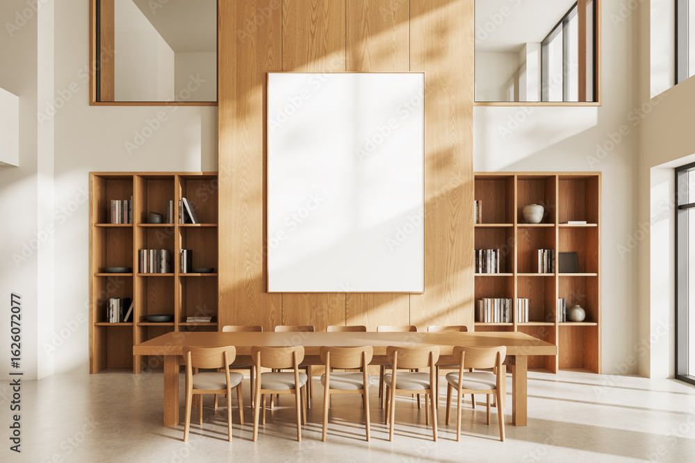 Poster minimalist interior with large empty poster mockup on wooden wall in bright modern room with table a