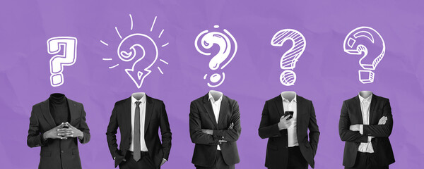 Headless businesspeople with question marks as heads on purple b