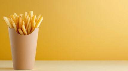 Crispy golden fries in paper container against vibrant yellow background create delightful snack