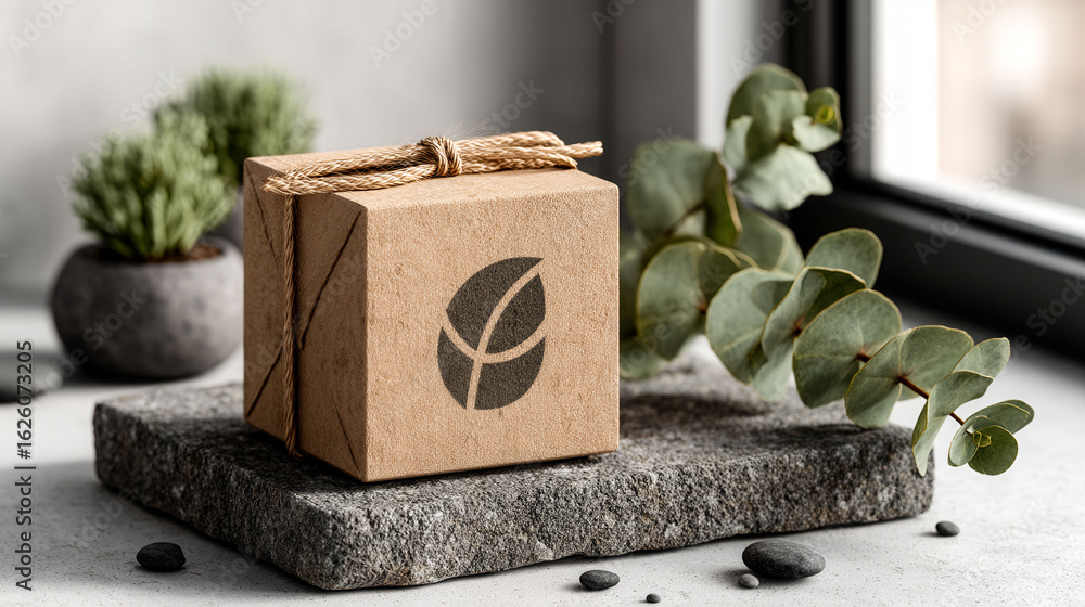 Poster a brown box with a leaf logo on it sits on a stone surface. the box is tied with a string and surrou