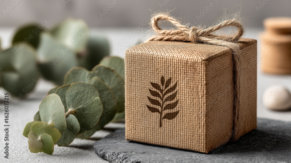 Aufkleber a brown box with a leaf on it is sitting on a grey surface. the box is tied with a string and surrou