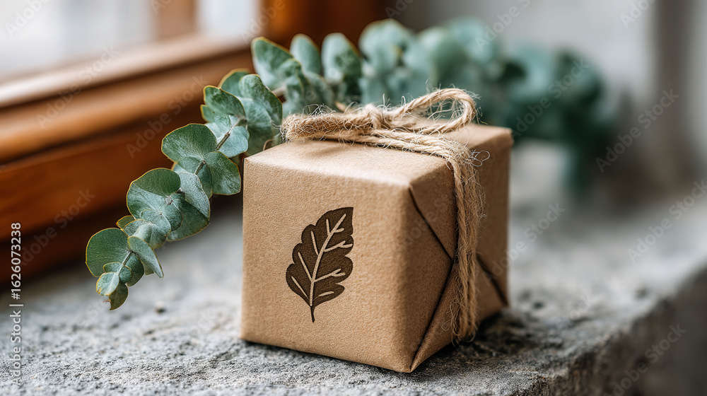 Poster a brown box with a leaf on it is sitting on a window sill. the box is tied with a string and has a g