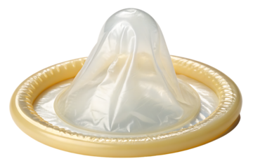 Male latex condom rolled over clear protective sheath for sexual health and safety, isolated on a transparent background