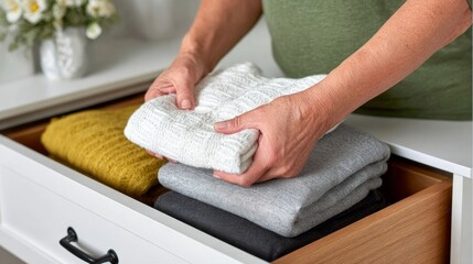 Naklejka premium Individual organizing neatly folded sweaters in a wooden drawer, showcasing a variety of textures and colors, creating a cozy and inviting atmosphere in a home environment