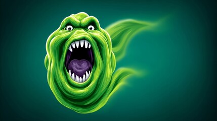Green ghost illustration with exaggerated facial features, wide-open mouth, and sharp teeth, surrounded by a swirling mist, conveying a playful yet spooky atmosphere for creative projects