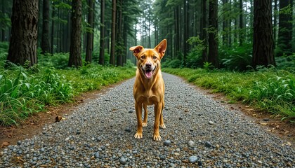 Naklejka premium A Happy Dog Stands on a Pebble Path Through a Lush Green Forest with Tall Tree Trunks