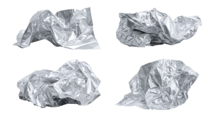 Four crumpled pieces of shiny, light gray plastic wrap, isolated on black