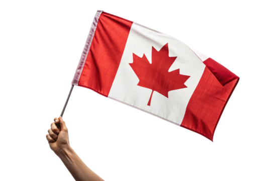 Hand holding the canadian flag waving on a black background isolated on transparent background