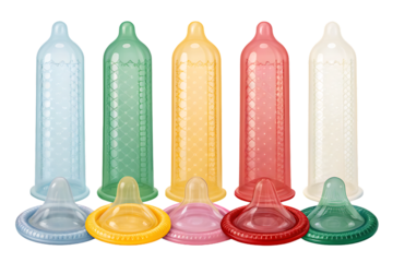 Colorful textured condoms with ribbed patterns in various bright colors for enhanced pleasure, isolated on a transparent background