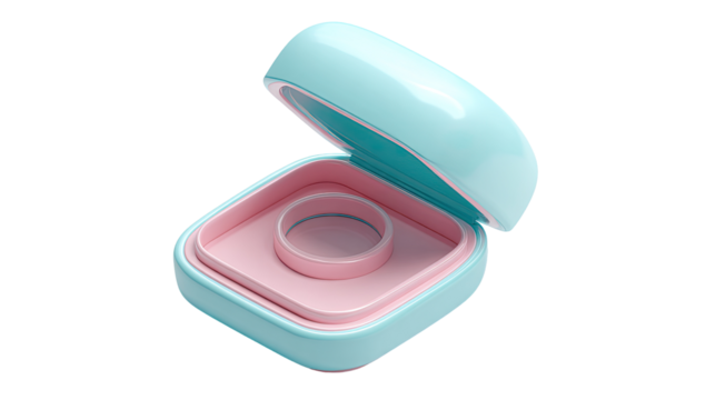 Light teal square jewelry box, open, with a pale pink interior, holding a ring - Powered by Adobe