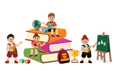 little kid reading book together with friend, vector and illustration